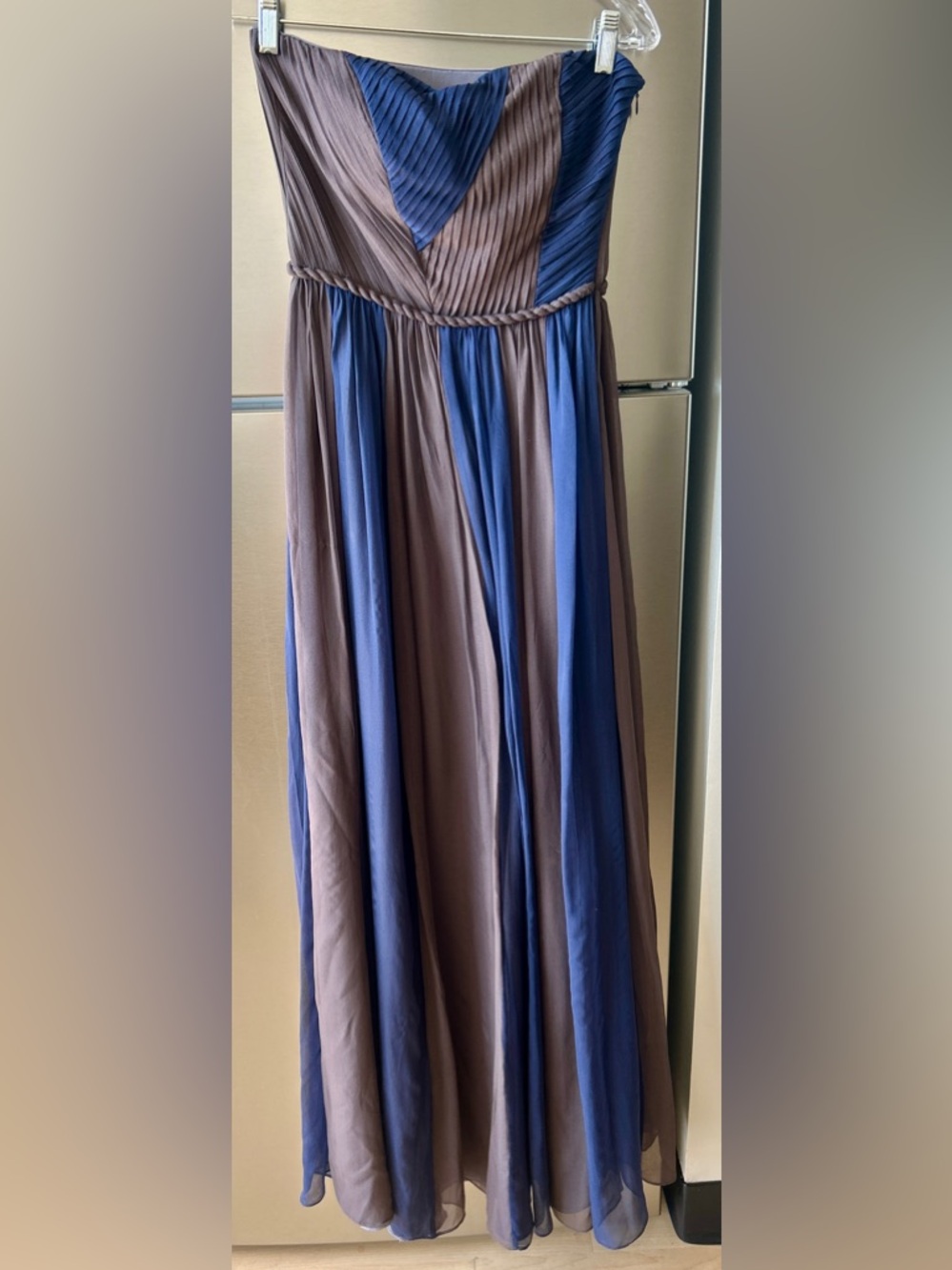 Aryn K 100% Silk Strapless Maxi Dress Small Blue Taupe Pleated Colorblock Formal